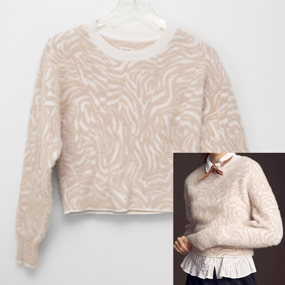 Anthropologie Pilcro Eyelash Sweater Animal Print Cropped Cream Tan Size XXS